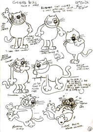 Character notes and animator's sketches for Custard the cult animated cat